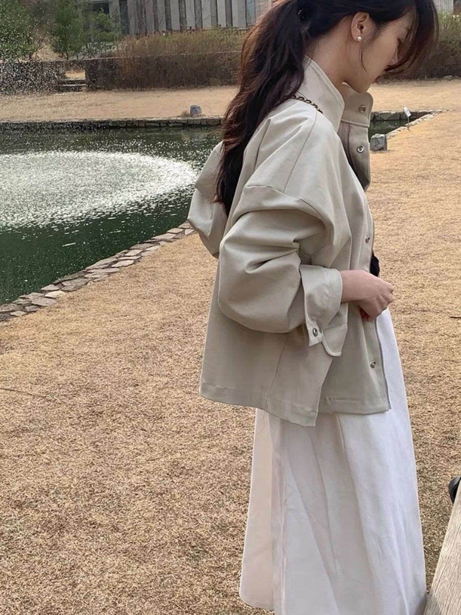 Lapel Zipper Design, Loose Fit, Versatile Long-sleeved Jacket, Motorcycle Jacket, Outerwear