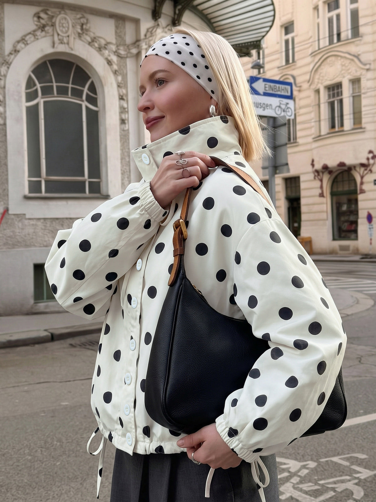 Stand-up Collar Drawstring Sweet And Cool Women's Color-blocked Polka Dot Jacket