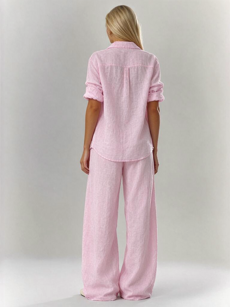 Solid Color Shirt And Trousers Set, Long-sleeved Shirt And Loose Trousers, Two-piece Set