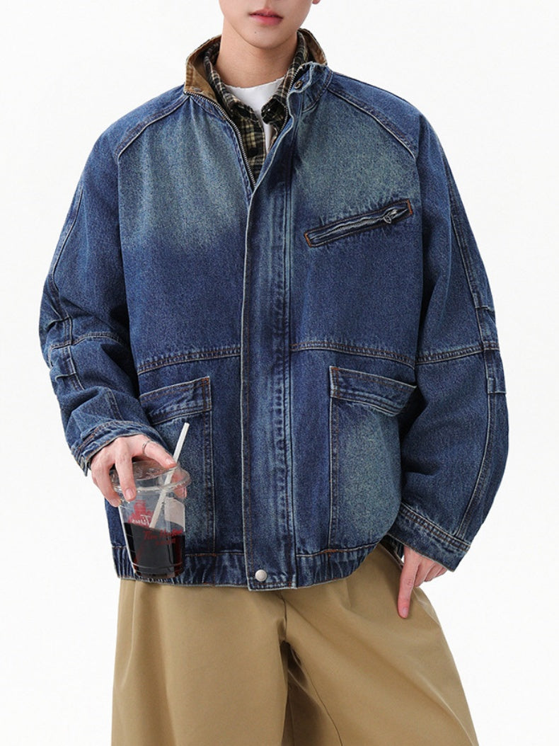 Retro Washing Stand Collar Zipper Workwear Denim Jacket