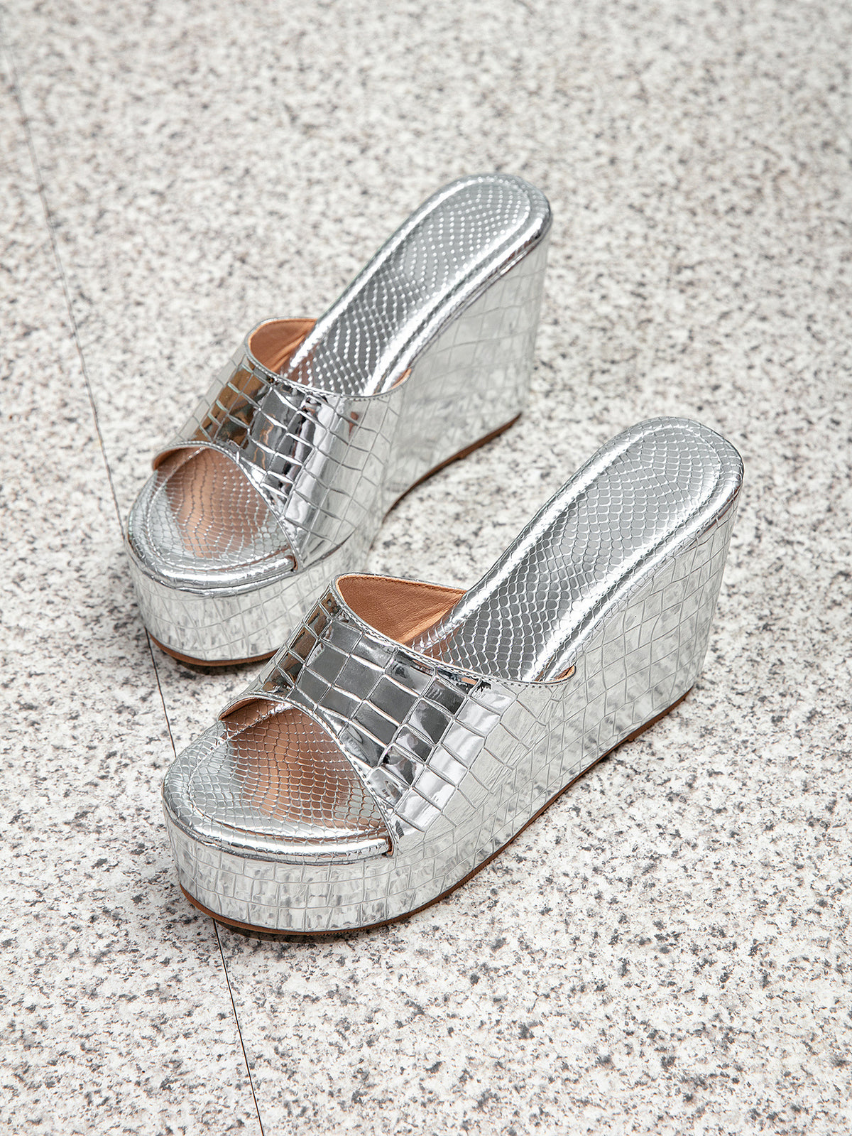Silver Shiny Slip-on Wedge Platform Sandals