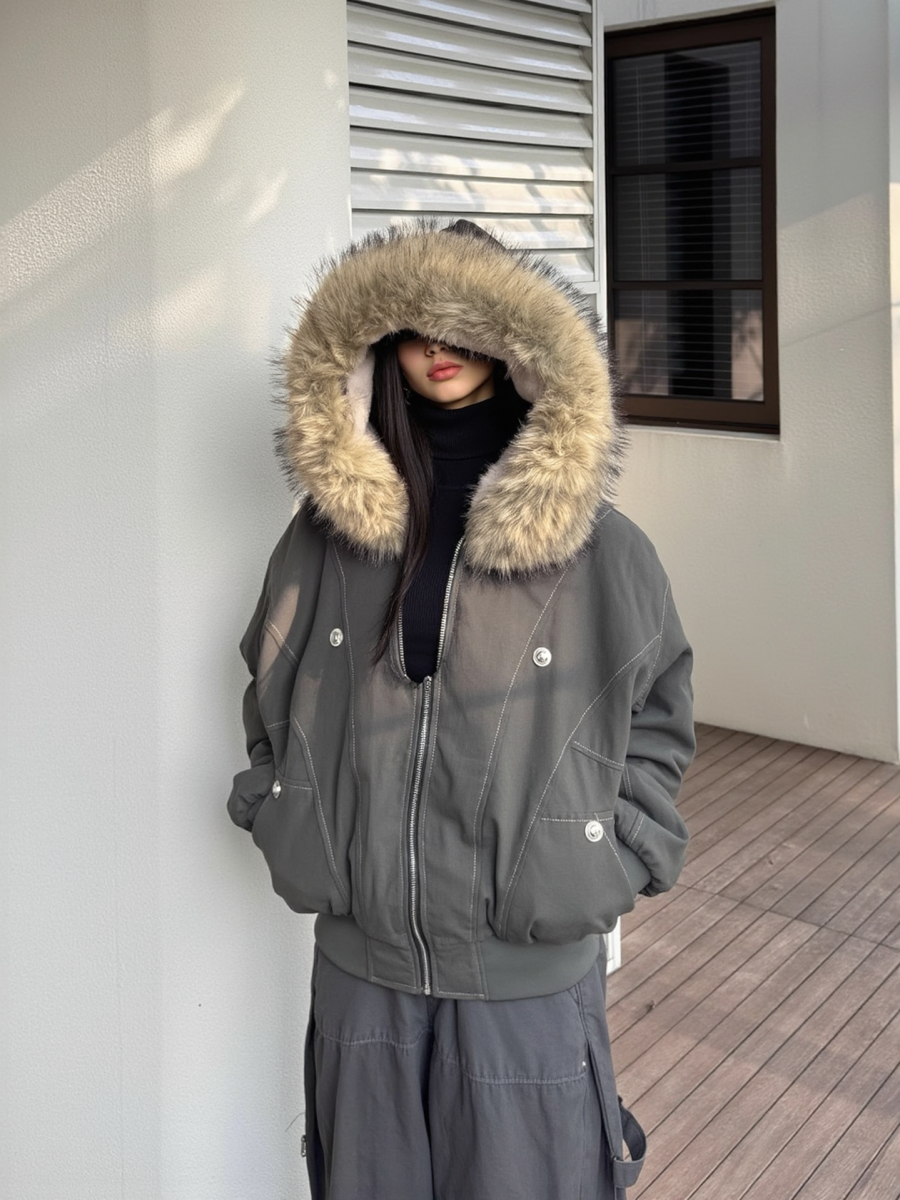 Jackets Fleece Lined With Fur Collar Hooded Short Contrasting Stitching Leisure Cotton Clothes