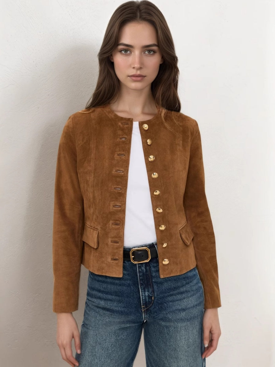 Liber Autumn women's suede metal embellishment round neck jacket