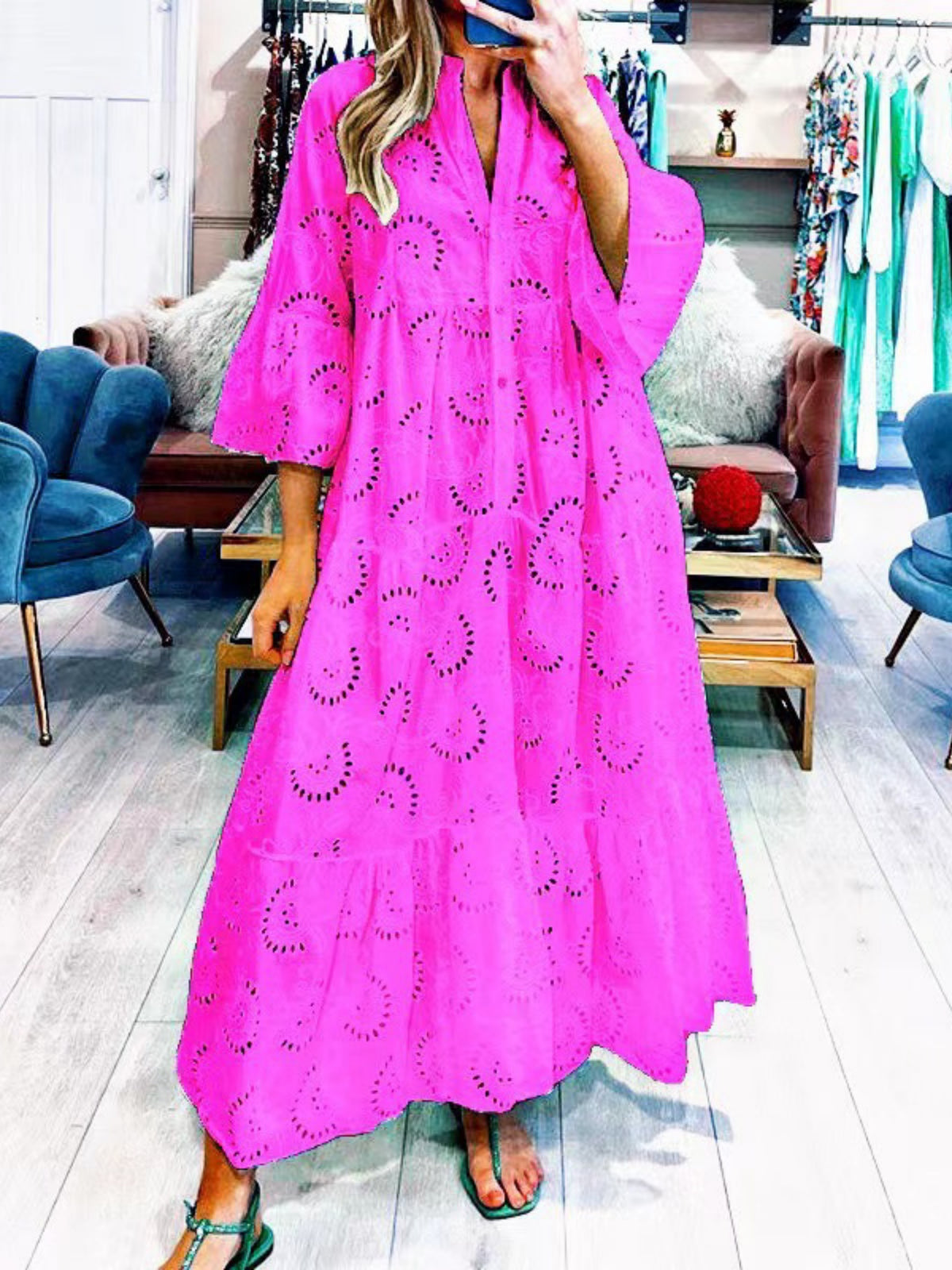 Lace Cutout V-neck Buttons Flare Sleeve Maxi Dresses