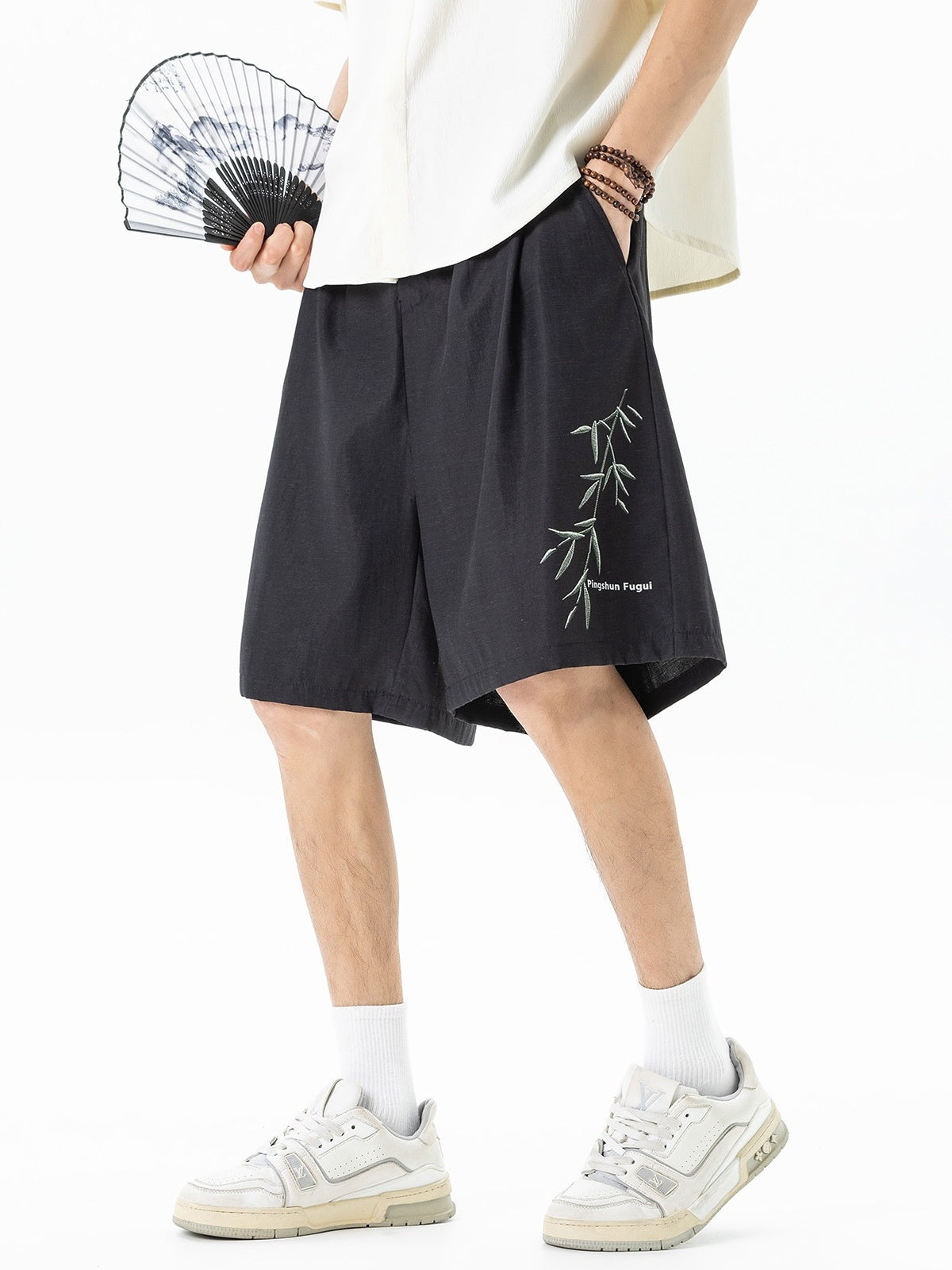 Imitation Linen Texture Printed New Chinese Style Five Points Shorts