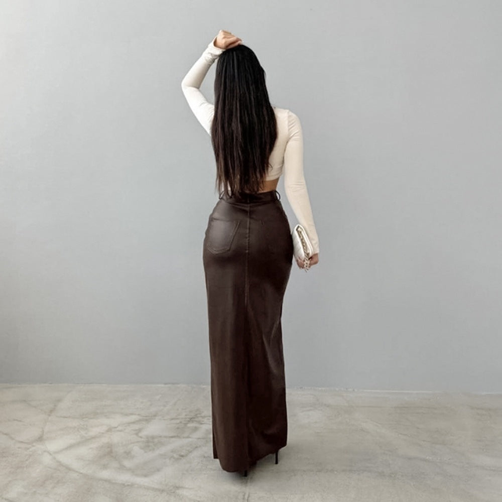 Slit Solid Color High Waist Simple Leather Slim Fit Midi Skirt