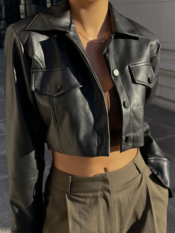 Street-style Sexy Biker Jacket With Lapel And Button-down Leather Short Jacket