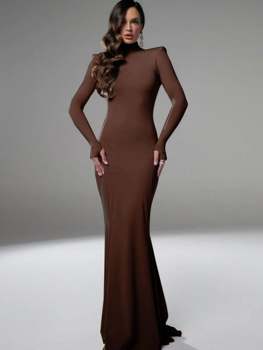Long-sleeved Open Back Fishtail Character Cocktail Maxi Dress