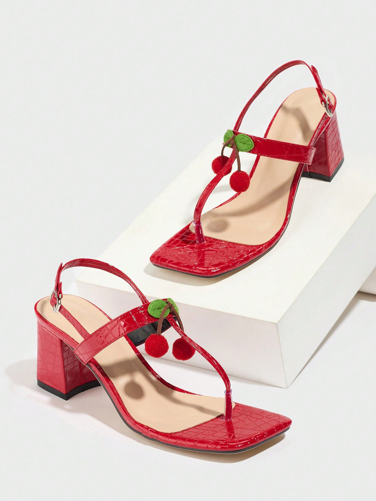 Sexy Red Cherry Square-toe High-heeled Sandals