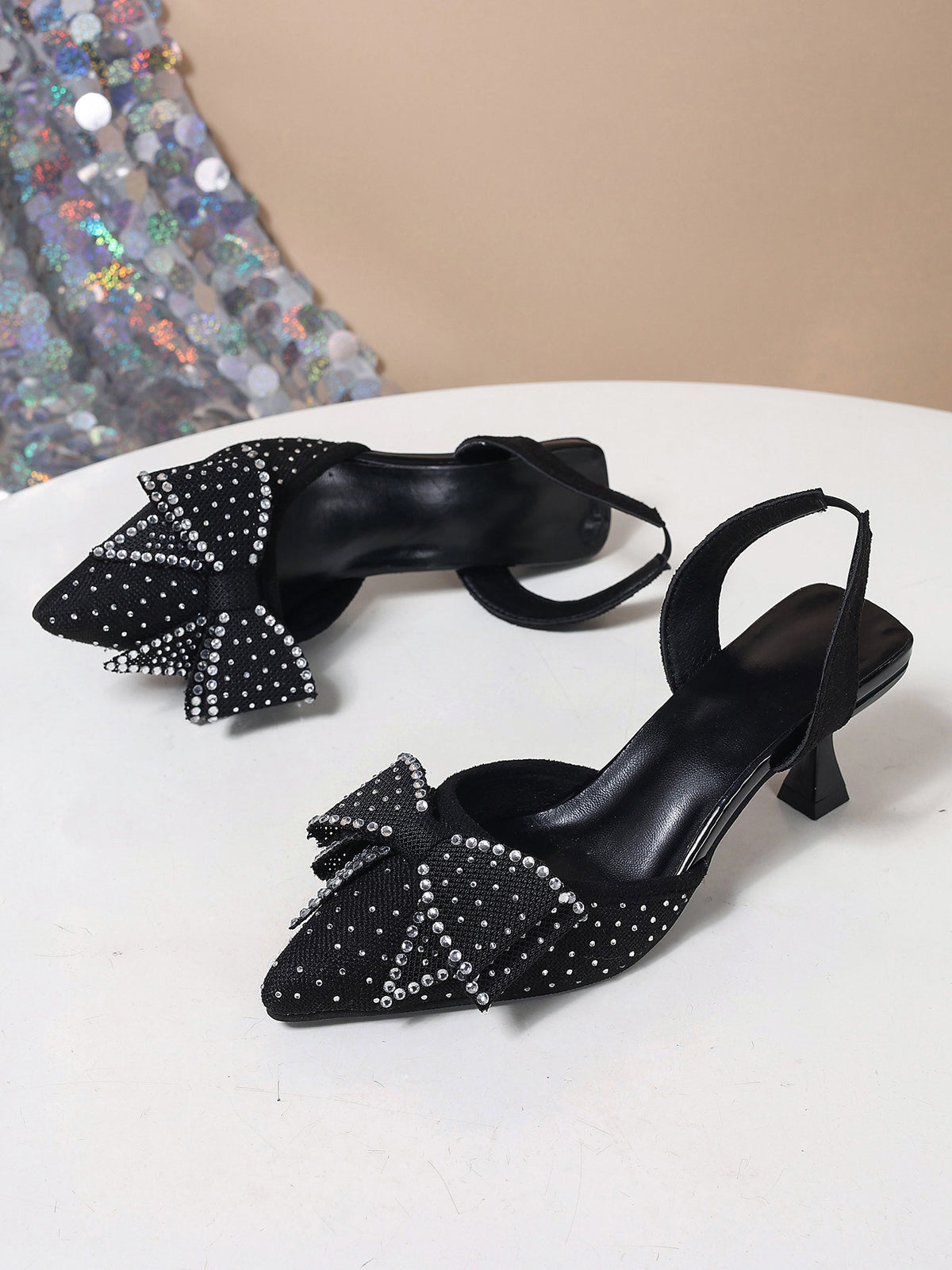 Rhinestone Pointed Bow Backless High Heels