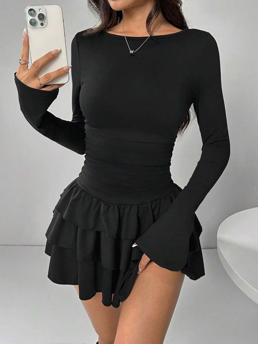 Round Neck Slim Fit Multi-layer Ruffles Party Cocktail Short Dress