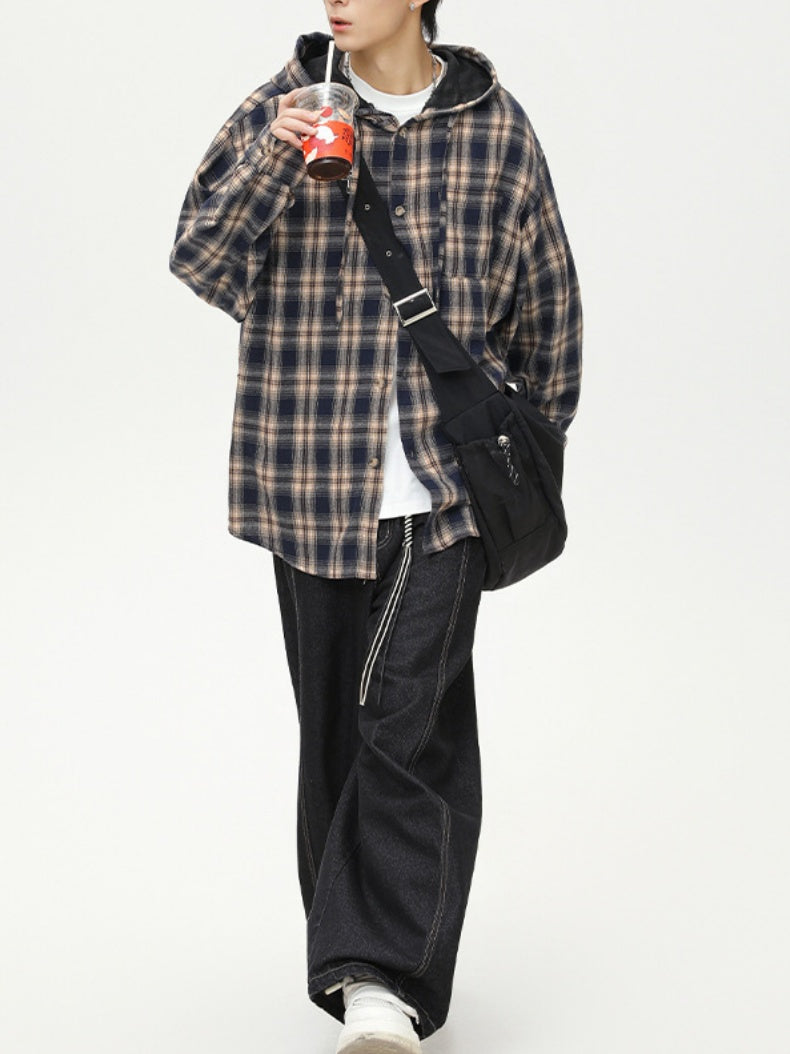 Color-blocked Plaid Hooded Shirt