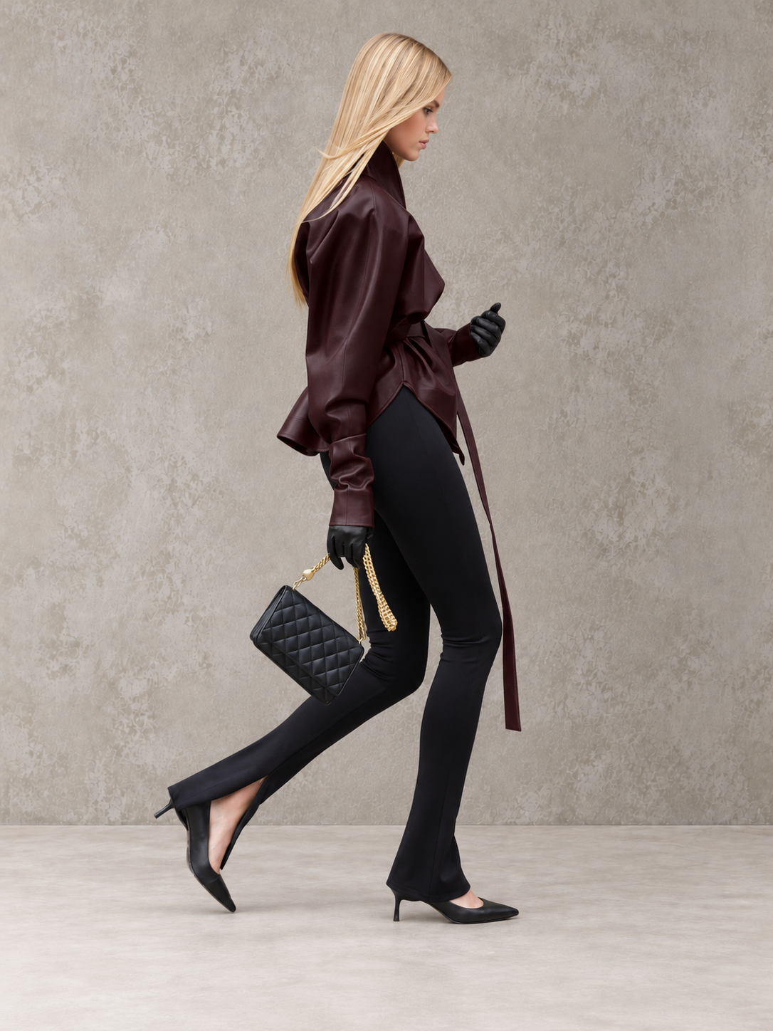 PU Leather Long-sleeved Jacket With A Fitted Waist