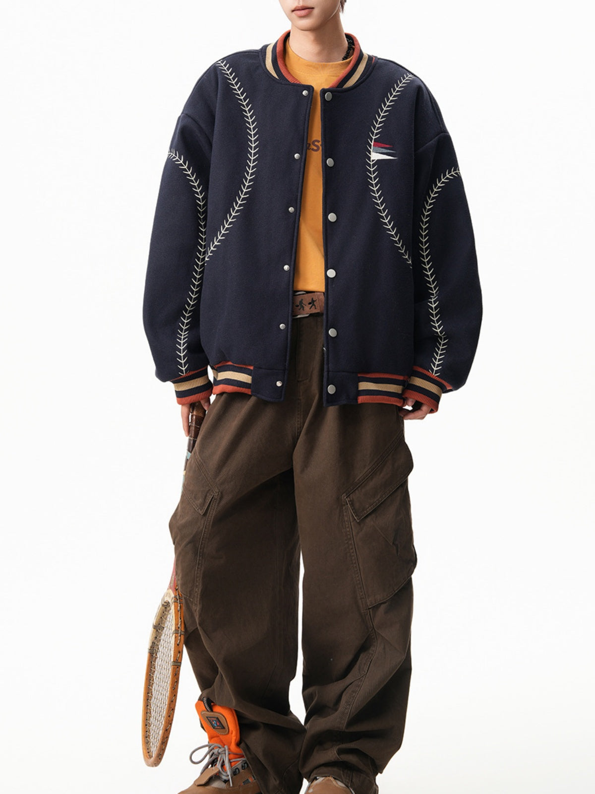 Ethnic-Embroidered Wool-Blend Varsity Jacket