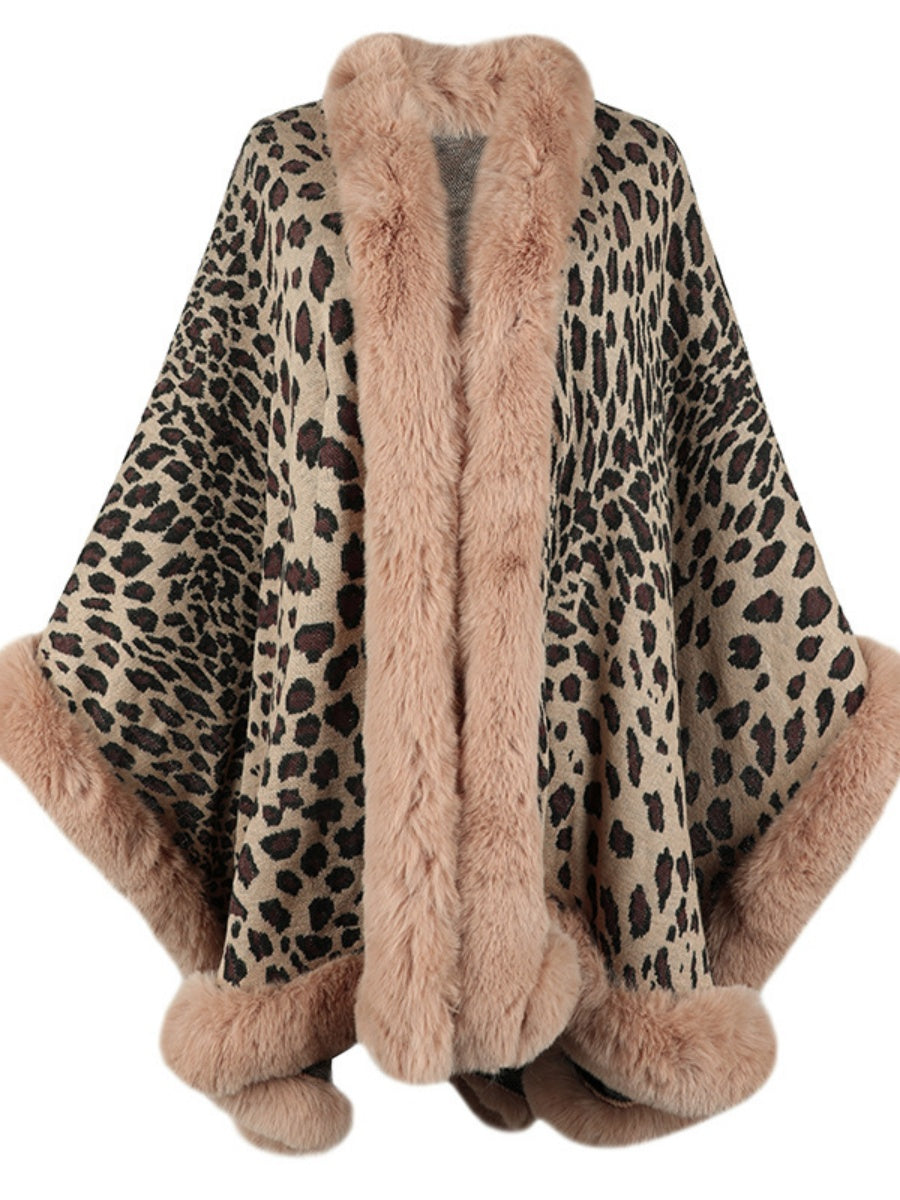 Leopard Print Shawl With Fur Collar Cloak Cardigans