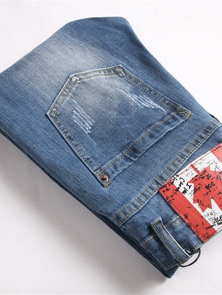 Punk Jeans Blue Hole Slim Fit With Patch Embroidery Mid-rise Jeans