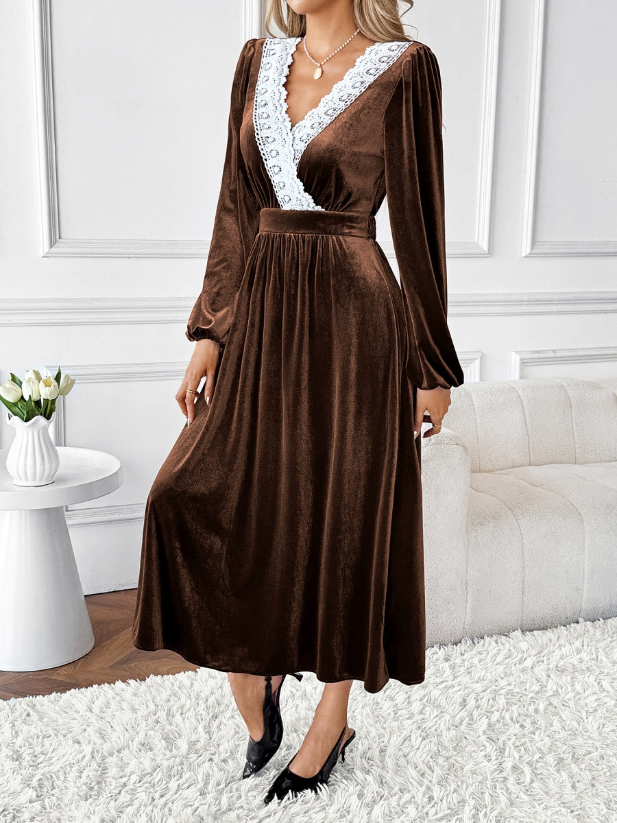 Deep V-neck Velvet Lace Decoration Waist Cocktail Midi Dress