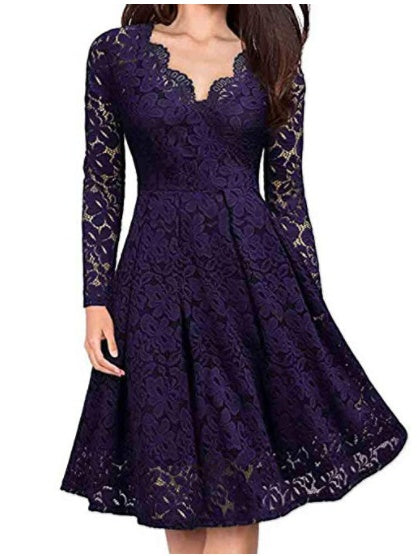 Christmas Long Sleeve Lace Solid Color Midi Dresses