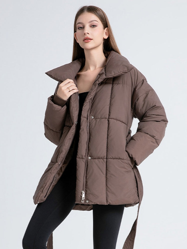 Stand Collar Tie Button Down Mid-length Warm Coat