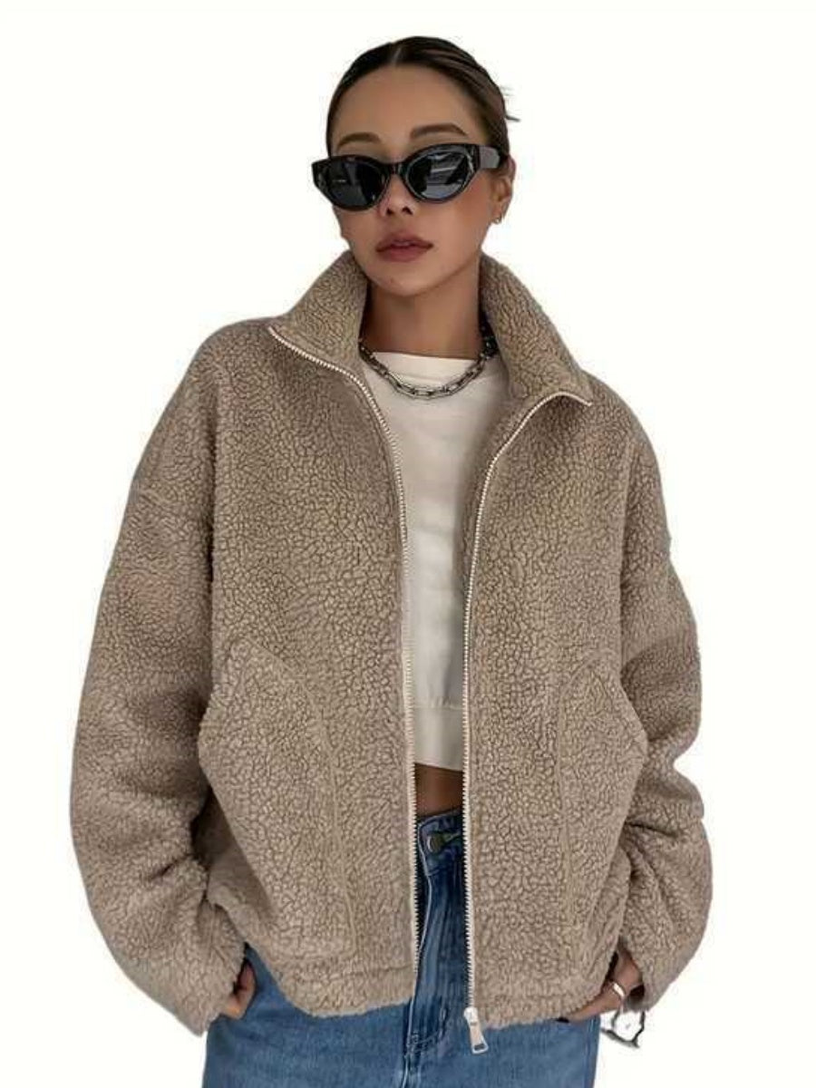 Leisure Long Sleeve Stand Collar Zipper Pocket Lambswool Jackets