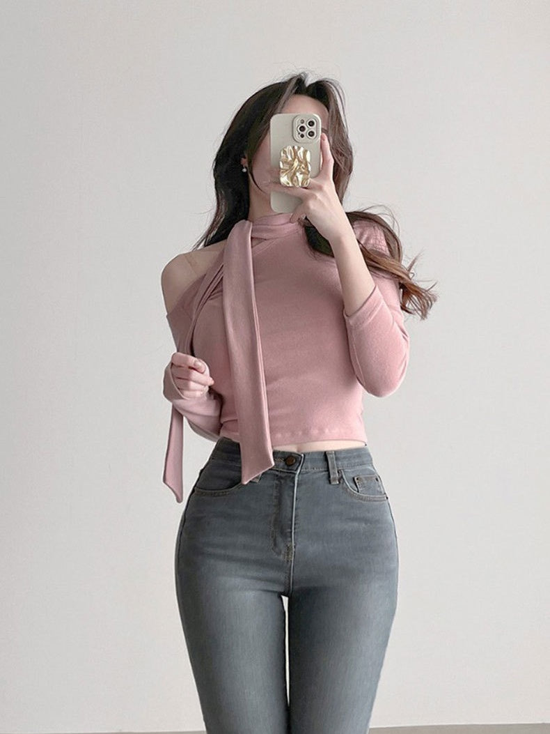 Elegant Tie-neck Fitted Long-sleeved T-shirt
