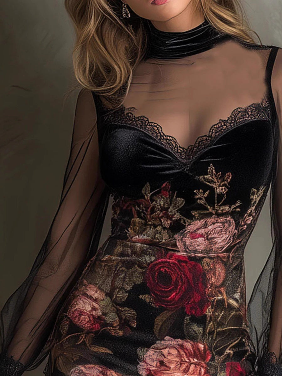 【EXPÉDITION NORMALE】Robes courtes et mini moulantes à bordure en dentelle, empiècements en résille florale