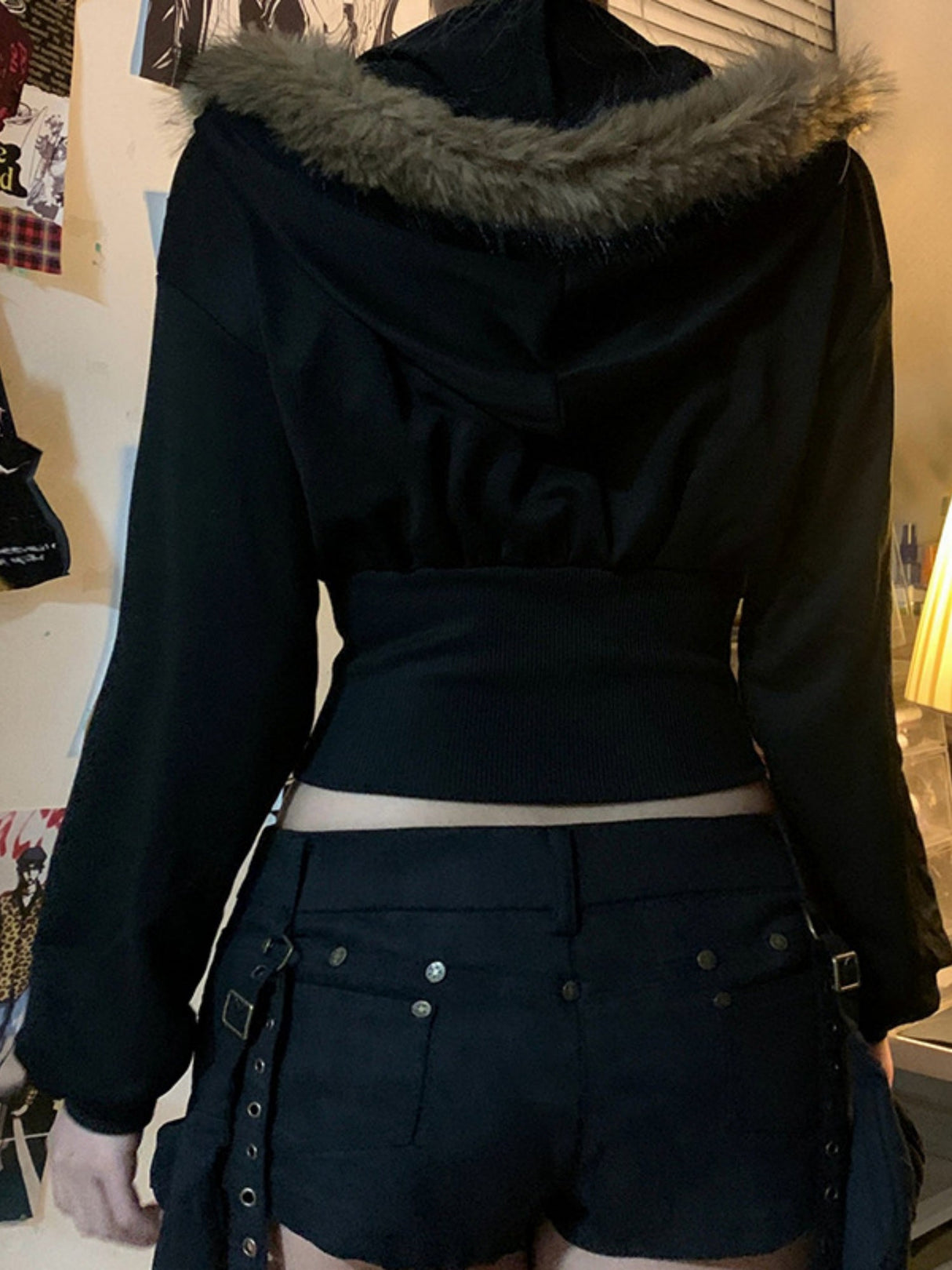 Waist Shaping Plush Patchwork Hoodies Zipper Jackets