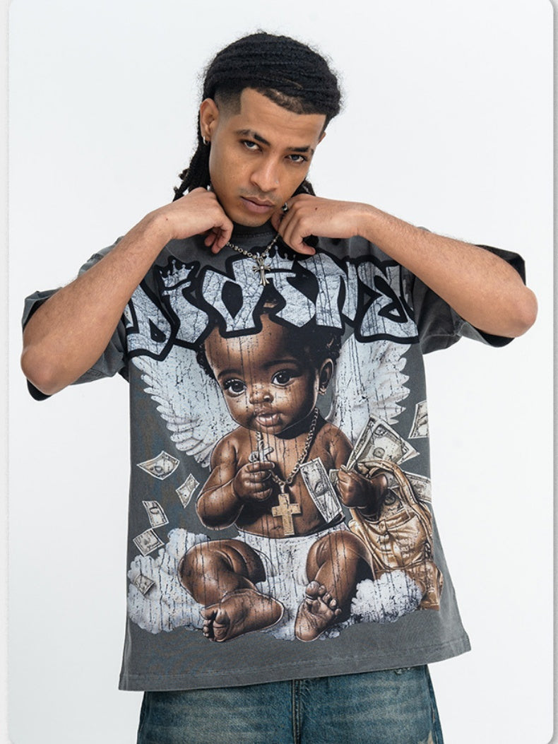 Washing Water Retro Angel Child Printed Loose-fit T-shirts