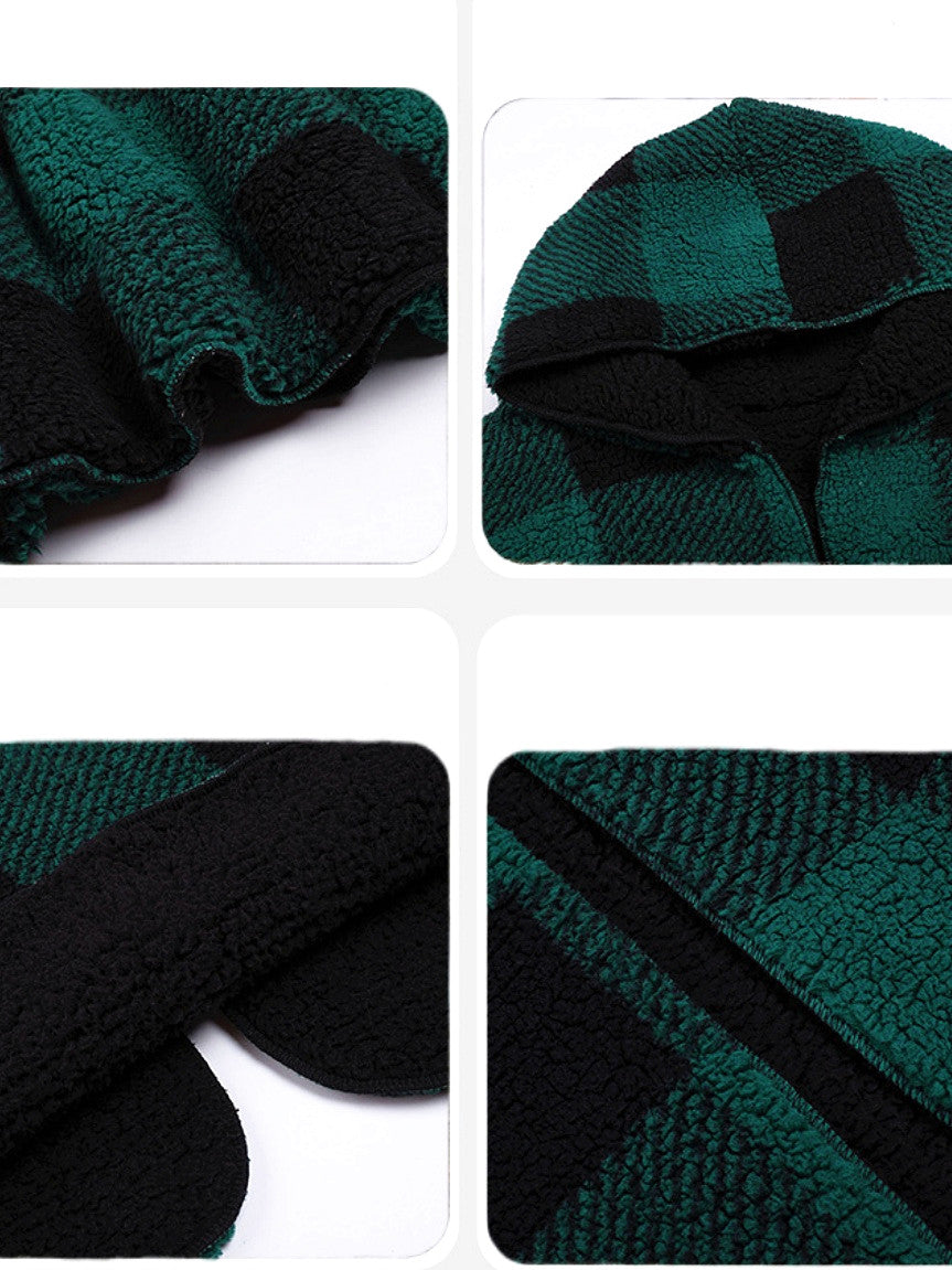 Reversible Christmas Cardigan Pocket Hooded Plaid Jacket