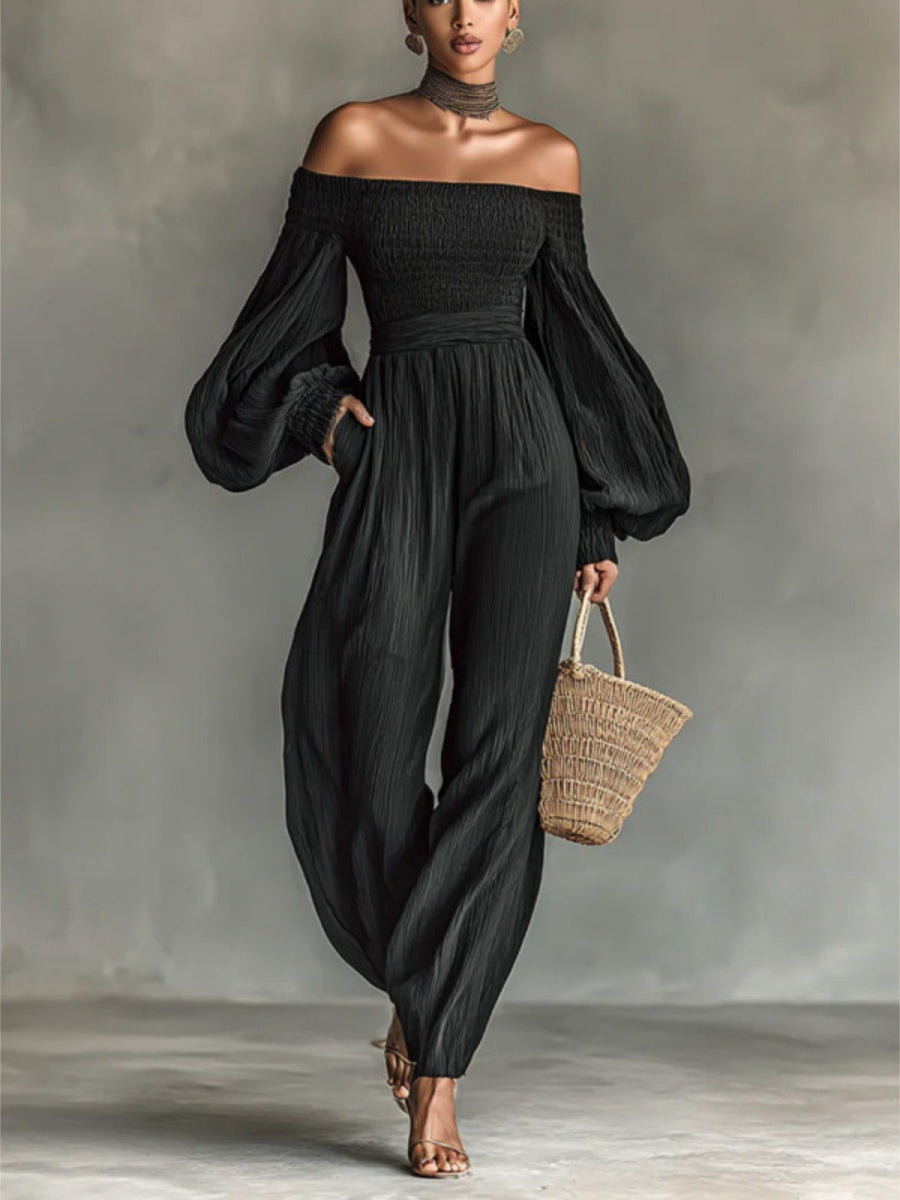 Off-shoulder Long-sleeved Pleated Fabric Jumpsuit In Solid Color