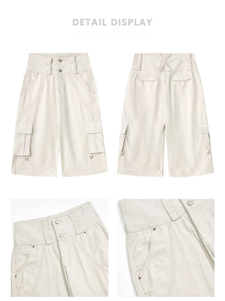Double Waist Baggy Multiple Pockets Straight-fit Tooling 7 Points Shorts
