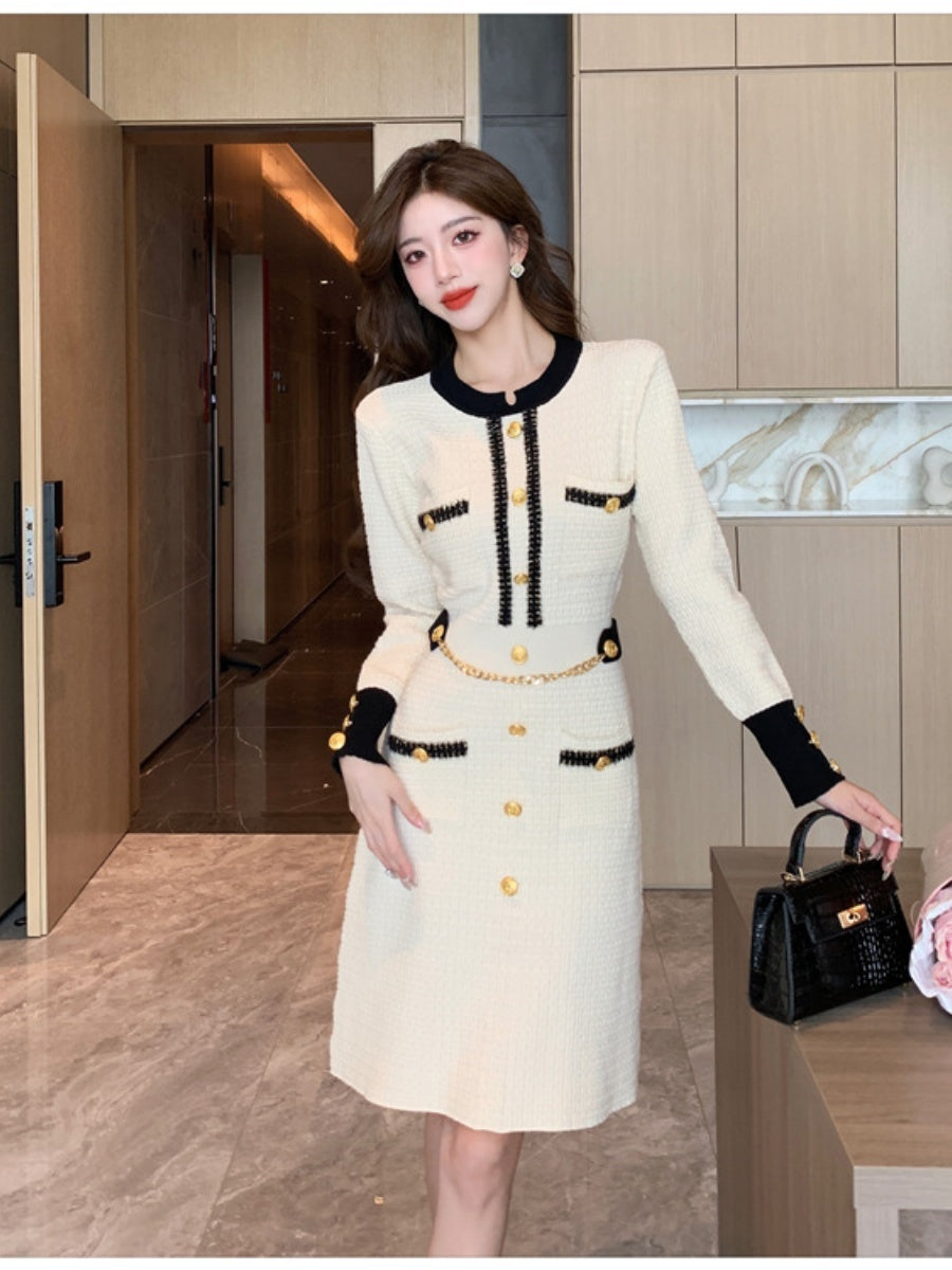 Elegant And Sophisticated Long-sleeved Round Neck Button-down Chanel-style Knit Midi Dress