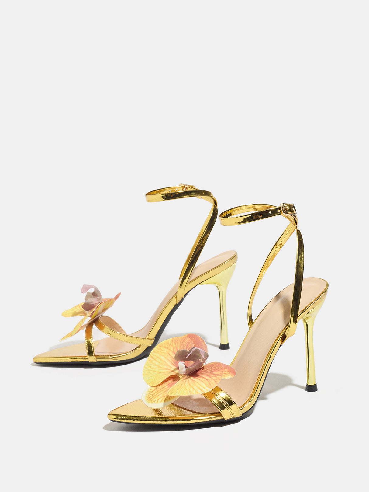 3D Floral Gold High-heeled Sandals