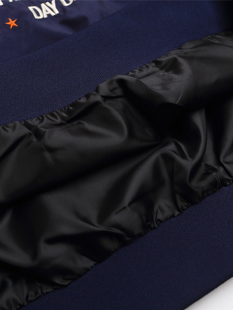 Color Contrast Splicing Letter Embroidery V-neck Loose Jersey Sweatshirt