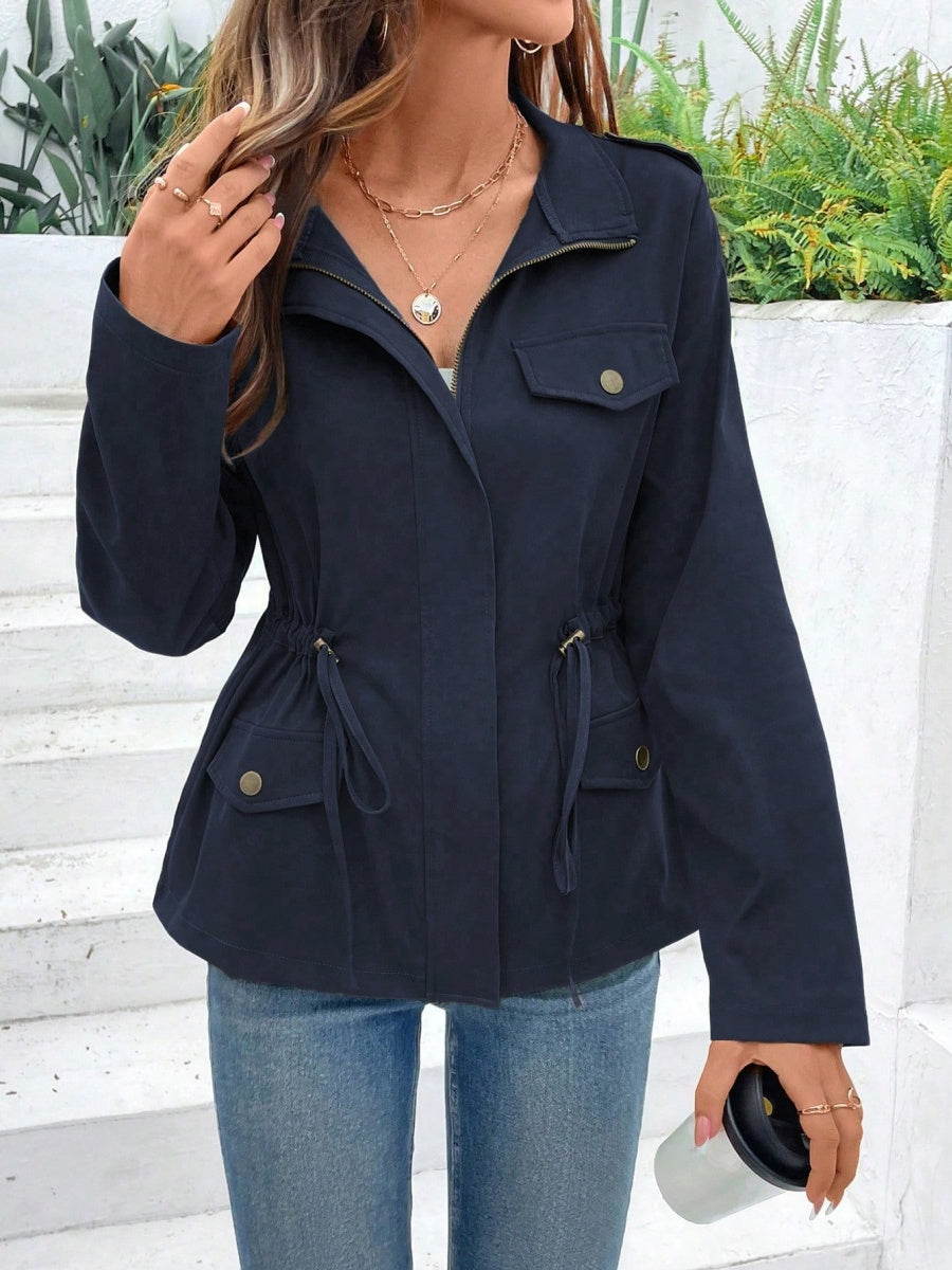 Solid Color Buttons Drawstring Jacket