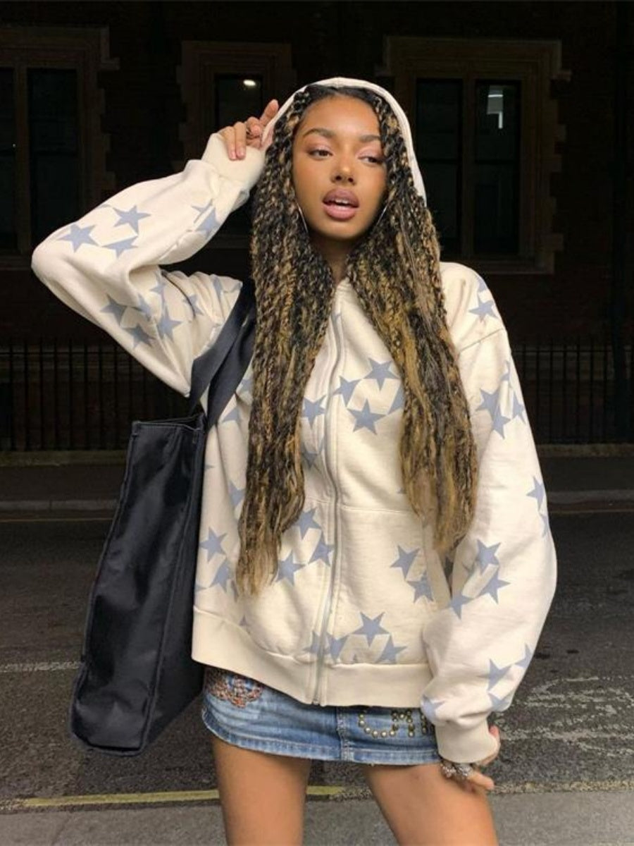 Old Star Print Zippered Loose Hooded Sweatshirt