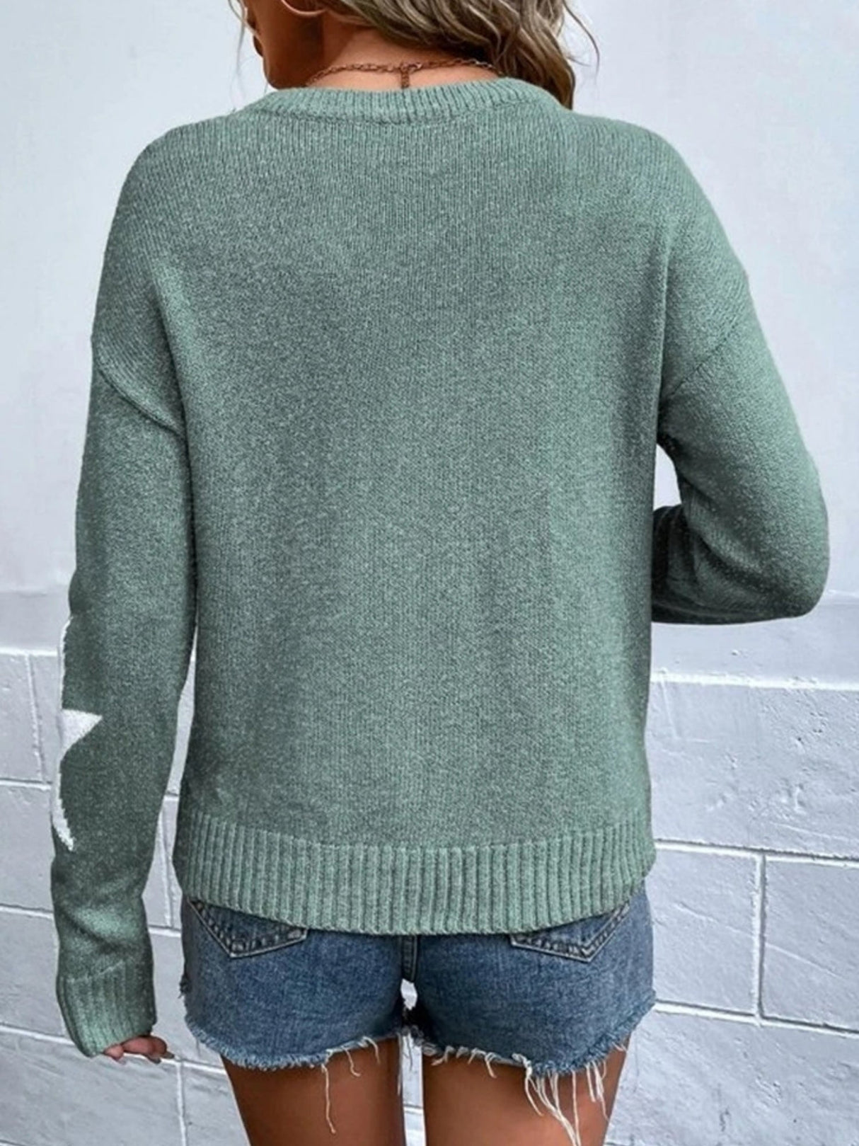 Crew Neck Star Pattern Contrasting Colors Knitted Long-sleeved Sweater