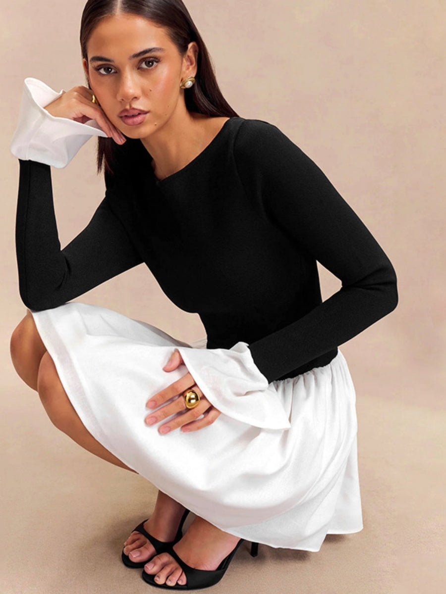 Long Sleeves Contrasting Colors Splicing Ruffled Short Dress