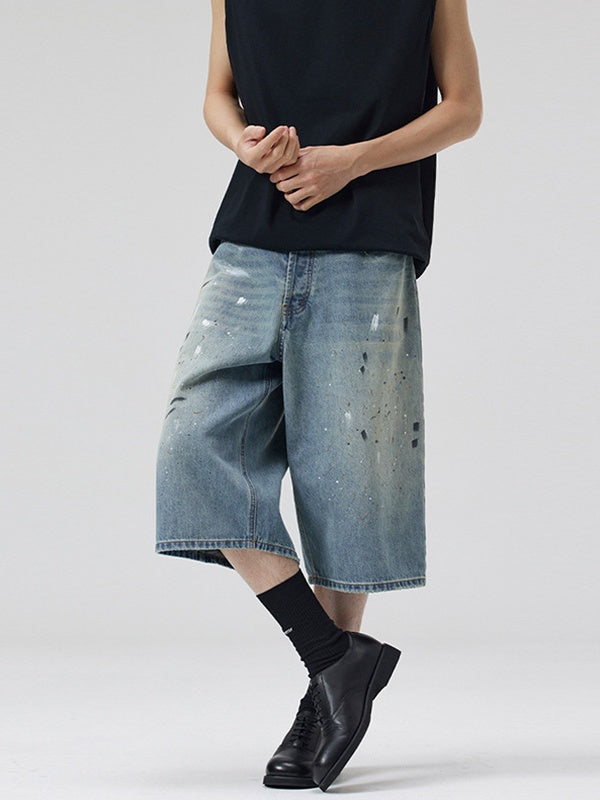 Retro Graffiti Splashing Ink 7 Points Denim Shorts