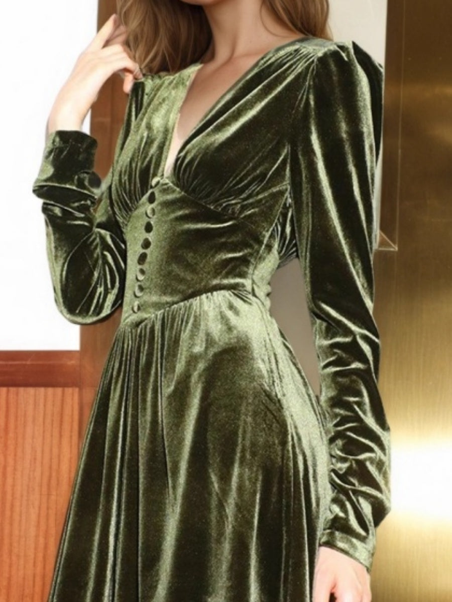 V-neck Long-sleeved Gold Velvet Button Midi Dress