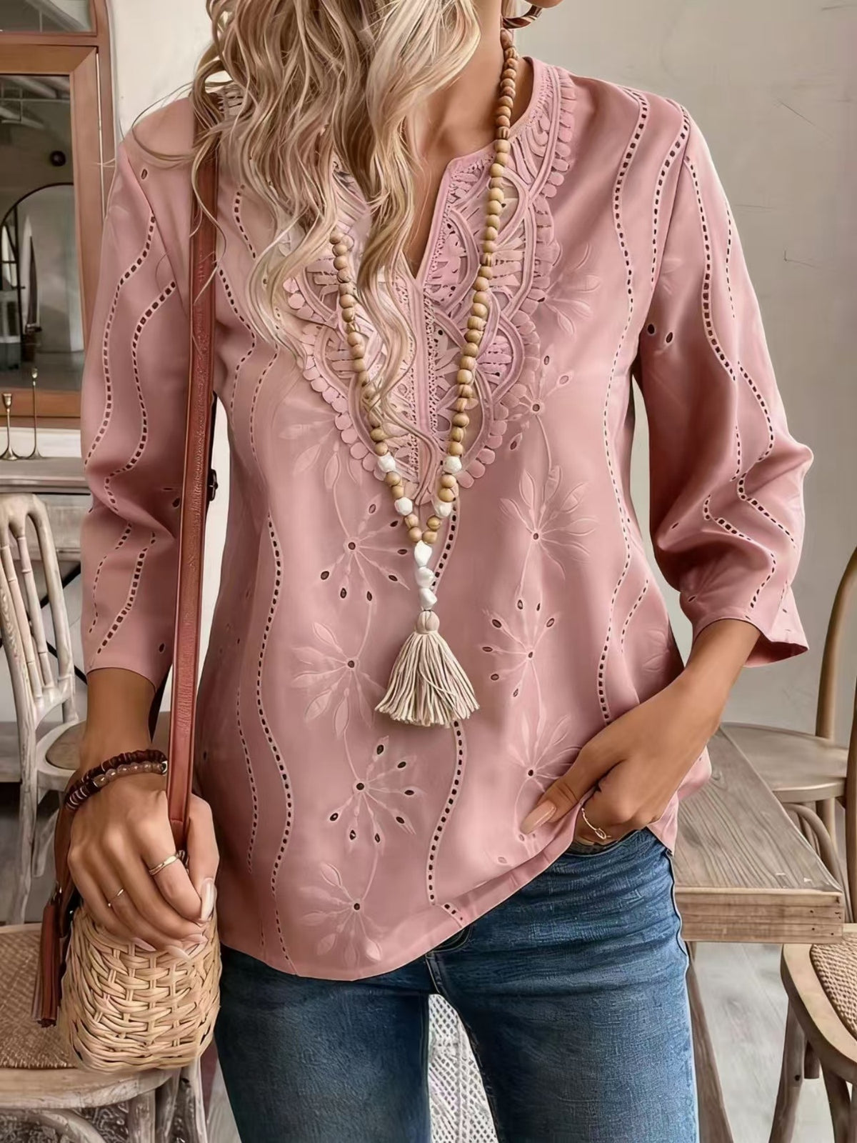 Lace Cutout Chiffon Embroidery V-neck Flare Sleeve Long-sleeved T-shirt