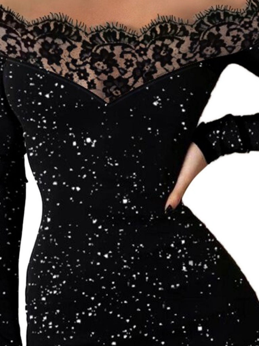 Off-the-shoulder Lace Splicing Sexy Silver-stamped Off-shoulder Bodycon Black Evening Mini Dress