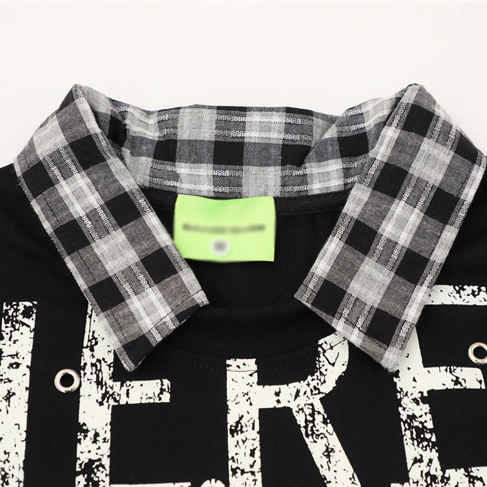 Graffiti Letter Layered-look Patchwork Plaid Polo Shirt