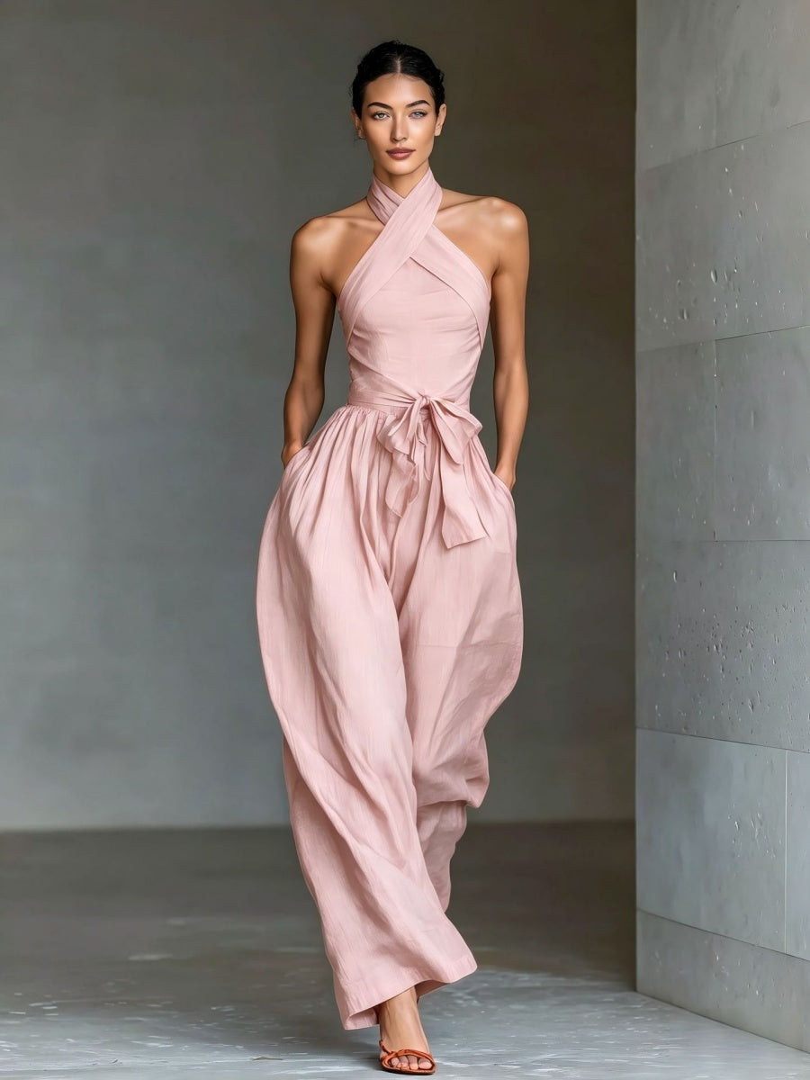 Lace-up Linen Cross-strap Wide-leg Jumpsuit