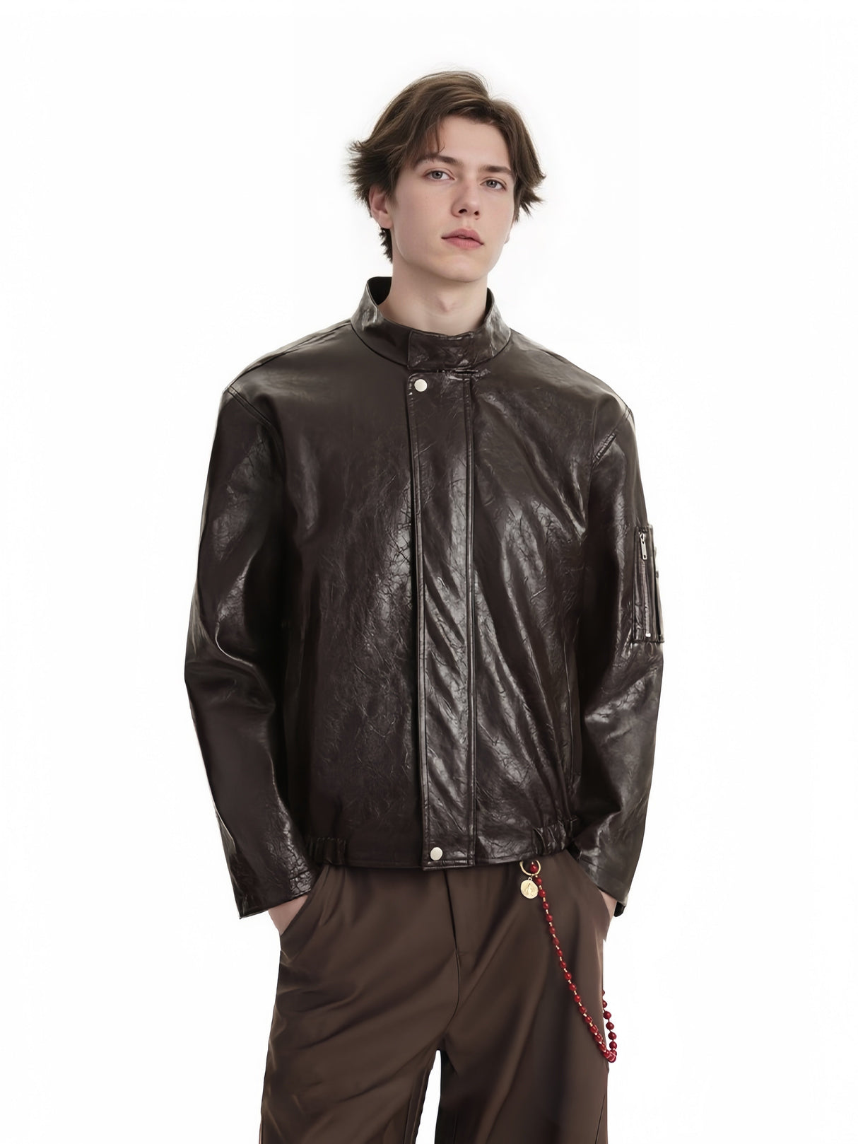 Retro Old Money Style Brown Cleanfit Silhouette Stand Collar Leather Jacket