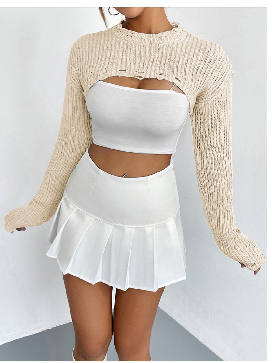 Liber Autumn women's knitted ripped short pullover mesh see-through top