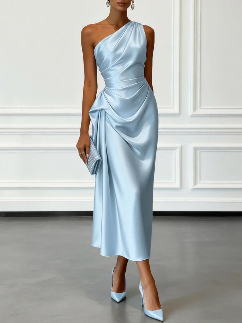 Off-the-shoulder Satin Pleated Maxi Dress