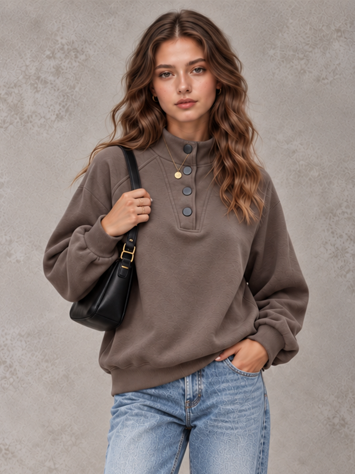 Women's Autumn/Winter Solid Color Stand Collar Button-Up Long Sleeve Sweatshirt