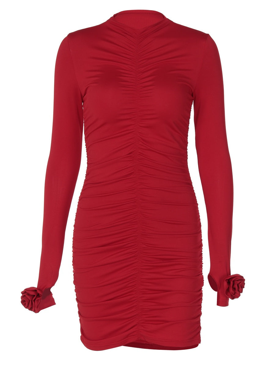 Turtleneck Red Wrinkles All Over The Body Seminarians Hip-hugging Nightclub Short Dress