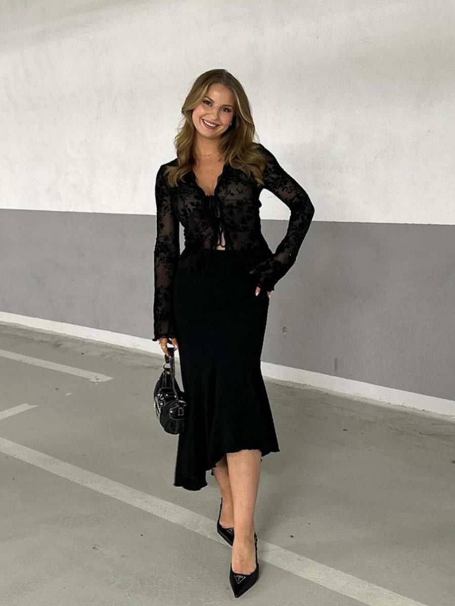 Deep V-neck Chiffon Burning Flowers Long Sleeve Designer Shirt